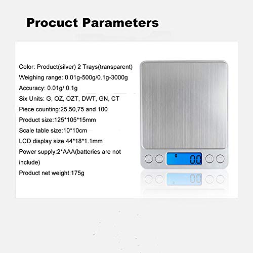Digital Kitchen Scale,High Precision Stainless Steel Multifunction Food Scale Grams and Ounces Back-Lit LCD Display Small Pocket Jewelry Scales Auto Off,Tare,PCS,UNTS/Mode (3kg/0.1g) - size: 3kg/0.1g