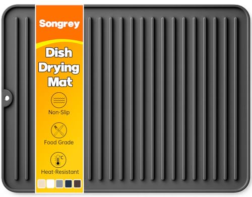 Songrey 16" x 12" Silicone Dish Drying Mat, Kitchen Counter Drying Pad for Sink Dishes or Under Rack, Multi-Use as Heat Resistant Trivet, Coffee Bar Mat - color: Black, size: 16" x 12"