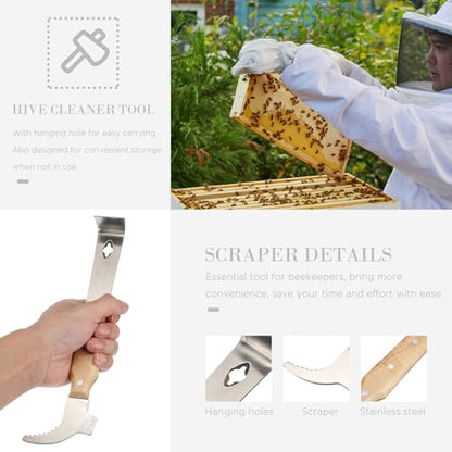 SEWACC Stainless Steel Beekeeper Hive Tool with Wooden Handle, Thickened Multi-Function Beehive Frame Scraper and Lifter for Hive Cleaning and Maintenance