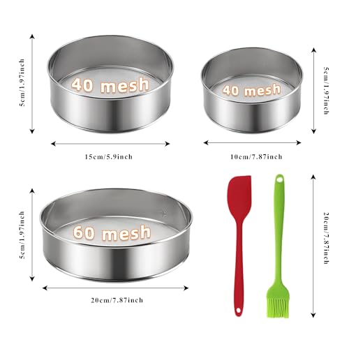 3-Piece Fine Mesh Sieve Set with brush and spatula, Stainless Steel Round Flour Sifter for Baking, Straining and Sifting, Includes 8-Inch 60 Mesh, 6-Inch 40 Mesh and 4-Inch 40 Mesh Sieves