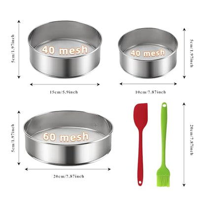 3-Piece Fine Mesh Sieve Set with brush and spatula, Stainless Steel Round Flour Sifter for Baking, Straining and Sifting, Includes 8-Inch 60 Mesh, 6-Inch 40 Mesh and 4-Inch 40 Mesh Sieves