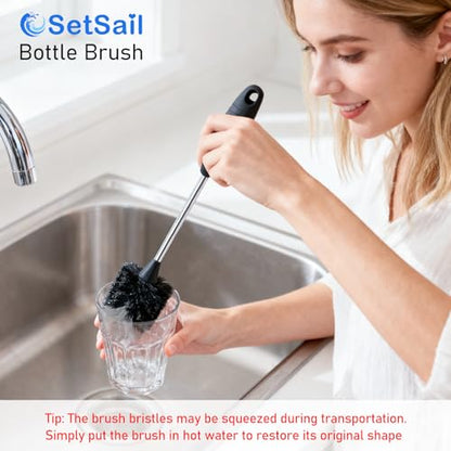 SetSail Bottle Brush of 3 Pack, 14-in Long Stainless Steel Handle Water Bottle Cleaner Brush Non-Slip Grip Bottle Brushes for Cleaning Water Bottles Sport Bottles Coffee Mugs Glasswares Cups, Black