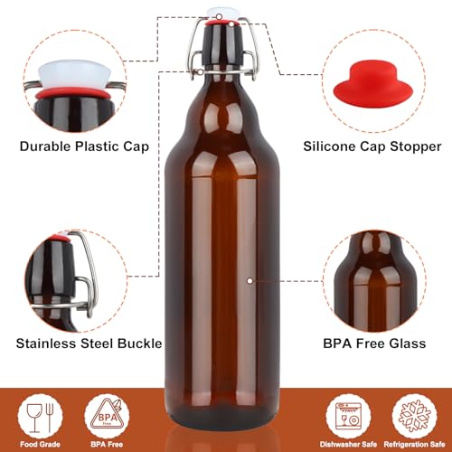 8 Pack 32oz Amber Swing Top Glass Bottles, Flip Top Brewing Bottles with Airtight Stopper for Vanilla Extract, Kombucha, Beer, Kefir, Mead