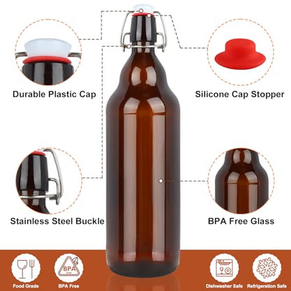 8 Pack 32oz Amber Swing Top Glass Bottles, Flip Top Brewing Bottles with Airtight Stopper for Vanilla Extract, Kombucha, Beer, Kefir, Mead