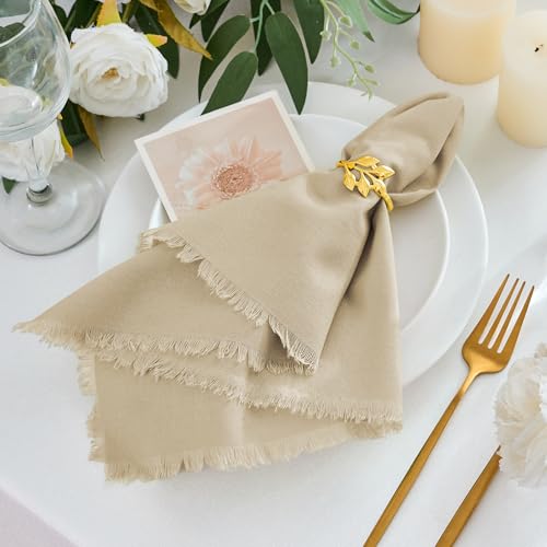 Handmade Cotton Linen Napkins Cloth with Fringes Set of 4 17"x17" Beige Boho Dinner Table Napkins Bulk for Wedding Party Bridal Baby Shower Decoration - color: Beige