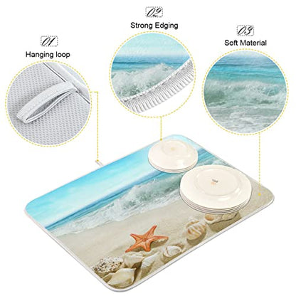 Sweetshow Summer Beach Dish Drying Mat 16 x 18 Inch Sea Wave Shells Starfish Drying Mat with High Absorbent Reversible Microfiber Kitchen Mat Dish Rack Pad Dish Drainer Mat Kitchen Counter Coffee Bar - color: beach, size: 16" x 18"