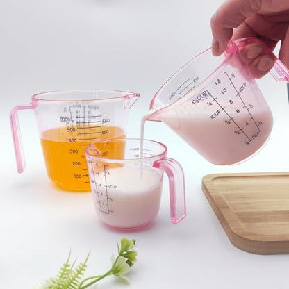 Plastic Measuring Cup Clear Graduated Measuring Cups Plastic Mug with Spout and Handles Ounce and Ml Cup Marking for Recipe Ingredient, Flour, Water, Liquid (2 ½ cup 600ml pink)