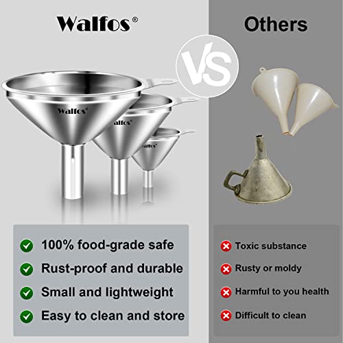 WALFOS Mini Stainless Steel Funnels, Multi-use Small Kitchen Funnel Set, for Transferring Liquid, Fluid, Essential Oils, Powder,Tiny Spices,Long-Lasting and Dishwasher Safe (3 in、2.2 in、1.7in) - color: 3pcs funnel 7.5+5.5+4.5 cm