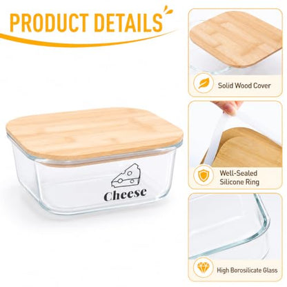 Cheese Container for Refrigerator,Glass cheese slice holder with Wooden Lid,Lunch Deli Meat Containers for Fridge,BPA-Free Shredded Cream Block Sliced,Grated,CheddarCheeses Storage Box Saver keeper