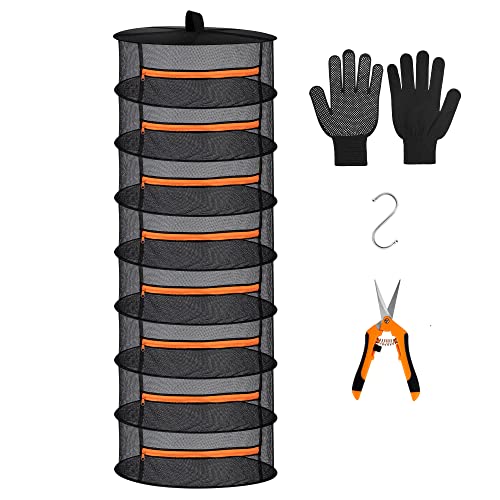 Desy & Feeci Herb Drying Rack-2ft Diameter 8 Layer Folding Mesh Hanging Basket Dryer Net with Zippers for Seeds Flowers Buds Plants Garden Outdoor Bumper Harvest(D24xH31 inch) - color: Orange, size: 8 Layer