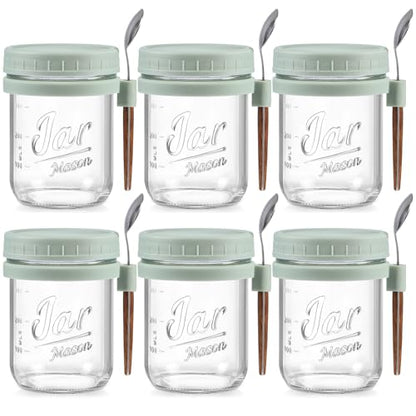 6 Pack Overnight Oats Containers with Lids and Spoons, 16 oz Glass Mason Overnight Oats Jars, Large Capacity Airtight Jars for Milk, Cereal, Fruit(Green) - color: Green