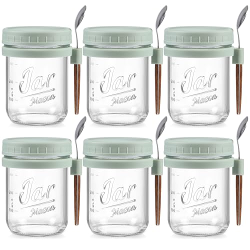 6 Pack Overnight Oats Containers with Lids and Spoons, 16 oz Glass Mason Overnight Oats Jars, Large Capacity Airtight Jars for Milk, Cereal, Fruit(Green) - color: Green