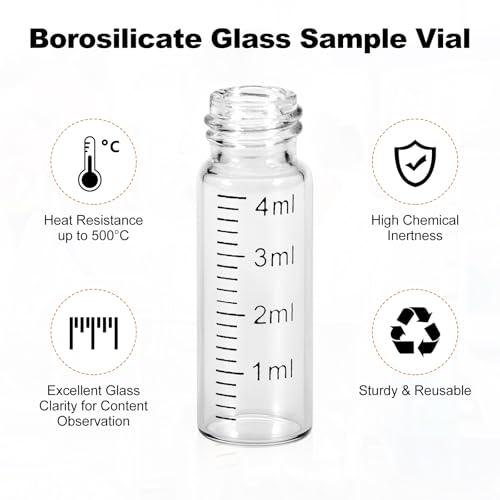 FOUR E'S SCIENTIFIC 4ml Glass Graduated Vials 100 Pack, 1 Dram Clear Lab Sample Vials with Plastic Screw Caps Borosilicate Glass Sample Bottles for Liquid Powder Storage - color: Transparent