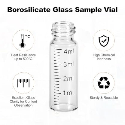 FOUR E'S SCIENTIFIC 4ml Glass Graduated Vials 100 Pack, 1 Dram Clear Lab Sample Vials with Plastic Screw Caps Borosilicate Glass Sample Bottles for Liquid Powder Storage - color: Transparent