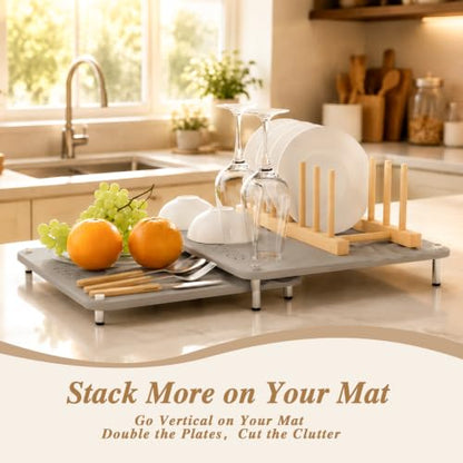 VERIFOST Nested Dish Drying Mat with Bamboo Rack for Dishes, 2Pcs Diatomaceous Earth Stone, Fast Stone Drying Mat for Kitchen Counter with Non-slip Feet, Moonlight Gray - color: Bamboo Rack Moonlight Gray