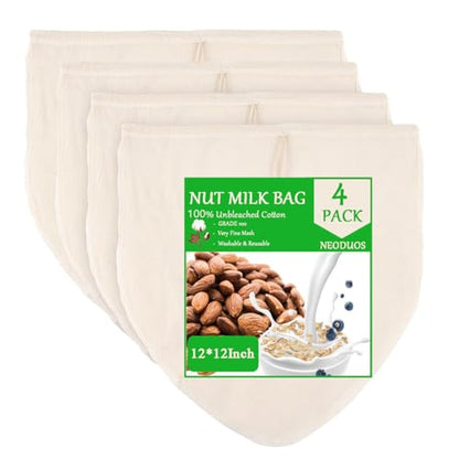 Nut Milk Bag, 4 Pcs 12"x12" Cheese Cloths Bag for Straining,Natural Unbleached Cotton Reusable Cheese Cloth Bag for Oat Almond Milk, Cheese Making, Yogurt, Juice, Cold Brew Coffee, Beer Tea