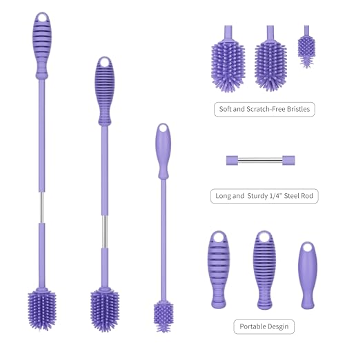 A-Brush Silicone Bottle Cleaner Brush, 3 Piece Set, Long Handle - Water Bottle Cleaner, Baby Bottle Nipple Brush for Plastic & Glass, BPA-Free Dish Washing Brush A2S Protection - color: Purple 3pk