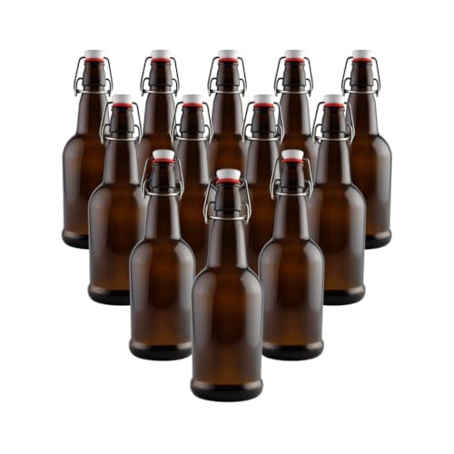 FastRack Swing Top Glass Bottles 33 oz – Pack of 12 | Amber Flip Top Glass Bottles with Airtight Lids | Resealable Grolsch-Style Fermentation Bottles for Kombucha, Beer, Mead, Soda, Vinegar & Water - color: Amber