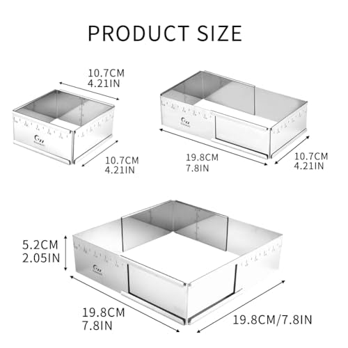 Stainless Steel Extensible Cake Ring Detachable Square Cake Mold Mousse Ring Nonstick Cheesecake Mould Pastry Shaping for Baking - 4.2 × 4.2 × 2 inch - size: (4.2-7.8) × (4.2-7.8) × 2 in
