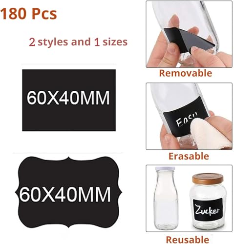 Chalkboard Labels for Food containers, 180 Pcs Label Stickers with 2 White Liquid Chalk Markers, Waterproof Reusable Bottle Labels for Jars, Storage Bins - size: 180 PCS, Wavy & Rectangular Shape