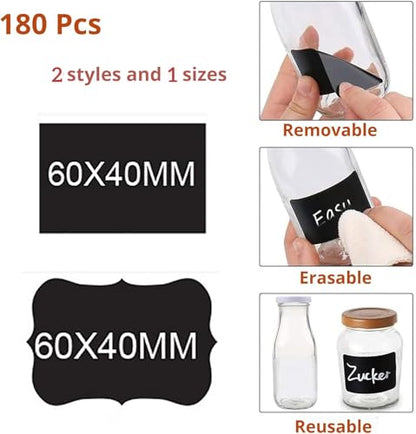 Chalkboard Labels for Food containers, 180 Pcs Label Stickers with 2 White Liquid Chalk Markers, Waterproof Reusable Bottle Labels for Jars, Storage Bins - size: 180 PCS, Wavy & Rectangular Shape