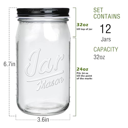 QAPPDA Wide Mouth Mason Jars 32 oz 12 Pack, Large Glass Jars Canning Jar with Lids for Pickling, Storage Food, Meal Prep, Jams, and Spices - size: 32oz - Jar Lettering