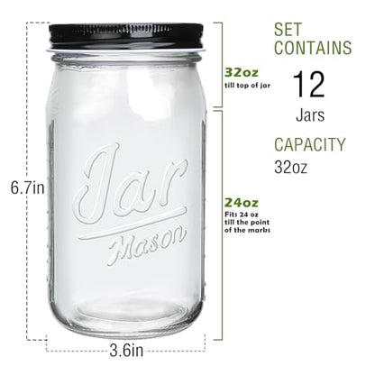 QAPPDA Wide Mouth Mason Jars 32 oz 12 Pack, Large Glass Jars Canning Jar with Lids for Pickling, Storage Food, Meal Prep, Jams, and Spices - size: 32oz - Jar Lettering