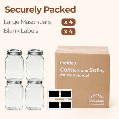 ComSaf 32 oz Wide Mouth Mason Jars 4 Pack Large Glass Jars with Lids | BPA-Free Materials, Quart Size, Chunky Salsa, Canning Pickling Sauce, Meal Prep Salad, Sourdough, Jam Jelly, Meal Prep - size: 32oz wide mouth 4PCS