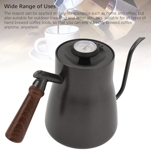 Coffee Kettle, 850ml Stainless Steel Gooseneck Teapot, Wooden Handle Kettle with Thermometer & Long Spout, Ideal for Home, Travel & Office Brewing