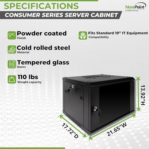 NavePoint 6U Server Rack Enclosure with Glass Door, Cooling Fan, Locks, & Removable Side Panels - 6U Wall Mount Network Cabinet 19 Inch Rack 17.7 Inches Deep - size: 6U