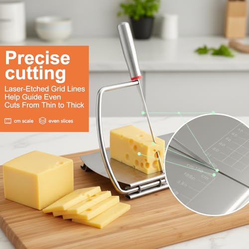 Cheese Slicer, Stainless Steel Cheese Cutter with Precision Grid Scale, Multipurpose Cheese Slicers for Cheese, Butter, Vegetables, Sausages, Comes with 50 Pcs Liner Papers