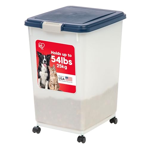 IRIS USA Dog Food Storage Container, Up to 54 Pounds, Attachable Wheels, For Dog Cat Bird and Other Pet Food Storage Bin, Keep Fresh, Easy Mobility - Made in USA, Navy/Pearl - color: Navy/Pearl, size: 54 lbs