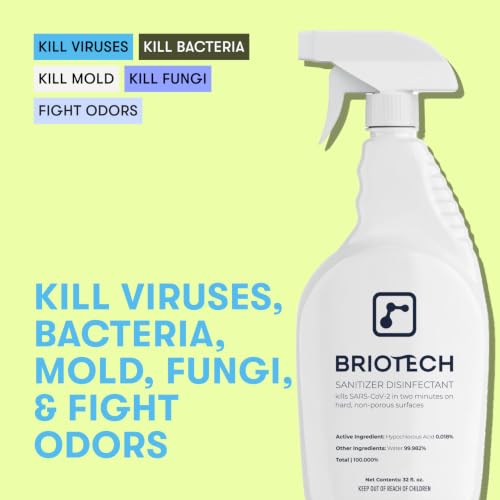 BRIOTECH Sanitizer Disinfectant Hypochlorous Spray, Kill 99.99% of Viruses & Bacteria, Control Mold, Eliminate Odor, Gentle for Nursery & Play Rooms, Food Contact Surface Sanitizer, 8.5 fl oz (2 Pack)