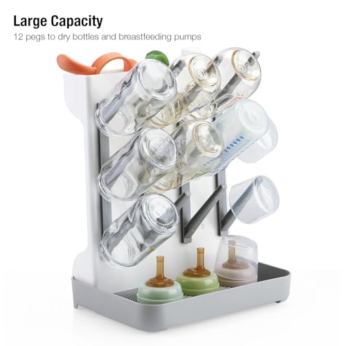PandaEar Baby Bottle Drying Rack, Vertical Space-Saving Bottle Dryer Stand for Countertop with Removable Water Tray & Pegs, Holds Bottles, Nipples, Sippy Cups & Accessories, Grey