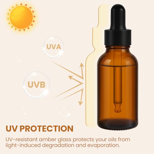 UPBUD 50 Pack 1oz Amber Glass Dropper Bottles Leakproof with Funnels, Eye Droppers, Extra Caps, Labels - Refillable UV 30ml Empty Bottles for Tinctures, Essential Oils, Perfume, Beard, Hair Oil - color: Amber-black-1oz, size: 1oz