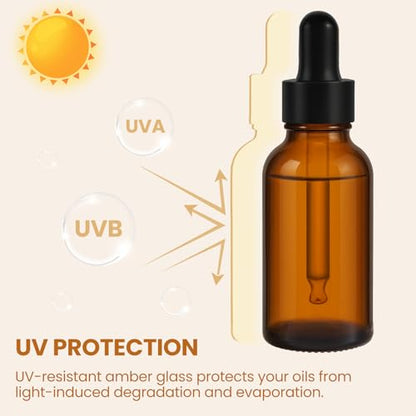 UPBUD 50 Pack 1oz Amber Glass Dropper Bottles Leakproof with Funnels, Eye Droppers, Extra Caps, Labels - Refillable UV 30ml Empty Bottles for Tinctures, Essential Oils, Perfume, Beard, Hair Oil - color: Amber-black-1oz, size: 1oz