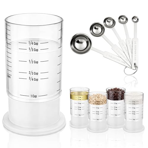 6 Pcs Adjustable Push up Measuring Cup Set Includes 2 Adjustable Measuring Cups and 5 Measurings Spoon for Peanut Butter Liquid Dry Semi Solid Ingredient Home Cooking Tool(6.5 * 10cm) - size: 1 cup