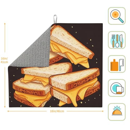 Microfiber Dish Drying Mat for Kitchen Countertop, Absorbent Large Kitchen Dishes Pad with Hook Washable Dish Drainer Mat, Cheese Sandwiches Dish Drying Pad 16x18 Inch