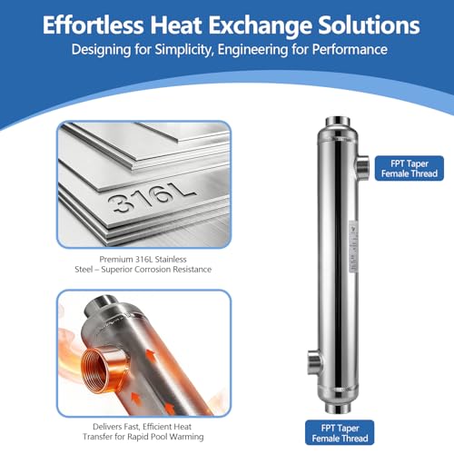 AB Swimming Pool Heat Exchanger 55kBtu Stainless Steel 316L Opposite Side Ports 1 1/2" & 1" FPT w/Brackets for Juice Treatment - size: 55K-2+Brackets