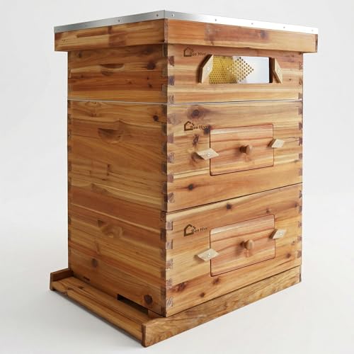 10-Frame Bee Hive Starter Kit for Beekeepers Dipped in 100% Beeswax Includes 2 Deep Box and 1 Medium Bee Box with Acrylic Window, Beehives Frames and Wax Foundations for Beginner Beekeepers - style: with Window