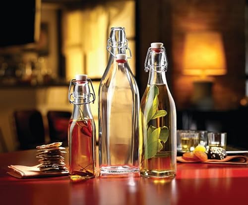Bormioli Rocco Swing Glass Bottles 33.75 oz – Set of 4 – Airtight Swing-Top Clear Glass Beverage Bottles for Water, Juice, Homemade Infused Drinks, Office & Kitchen Storage - size: 33.75 Oz.