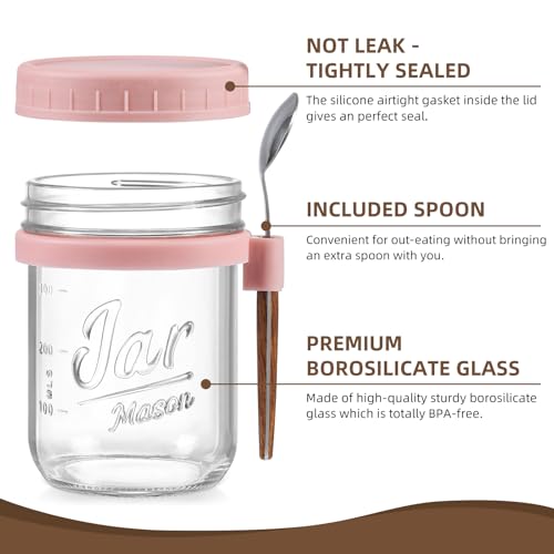6 Pack Overnight Oats Containers with Lids and Spoons, 16 oz Glass Mason Overnight Oats Jars, Large Capacity Airtight Jars for Milk, Cereal, Fruit(Pink) - color: Pink