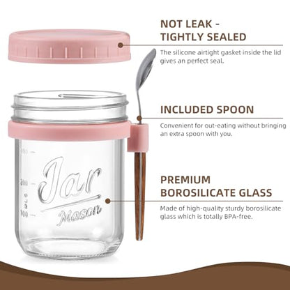 6 Pack Overnight Oats Containers with Lids and Spoons, 16 oz Glass Mason Overnight Oats Jars, Large Capacity Airtight Jars for Milk, Cereal, Fruit(Pink) - color: Pink