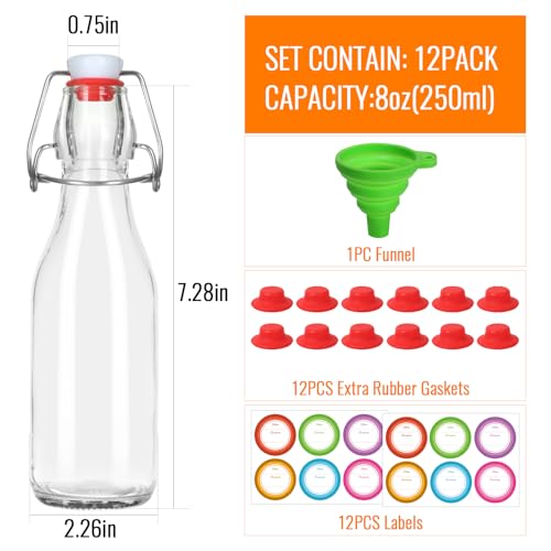 8 oz Swing Top Glass Bottles 12 Pack, Flip Caps with Rubber Seal | Airtight, home brewing/kombucha, beverages/oil/vinegar, wine/cider/soda, reusable stopper lids - size: 8oz-12Pack