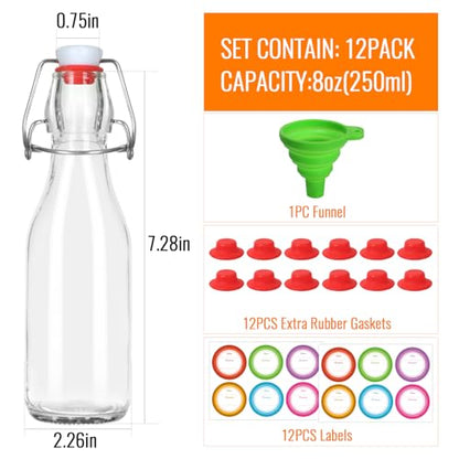 8 oz Swing Top Glass Bottles 12 Pack, Flip Caps with Rubber Seal | Airtight, home brewing/kombucha, beverages/oil/vinegar, wine/cider/soda, reusable stopper lids - size: 8oz-12Pack