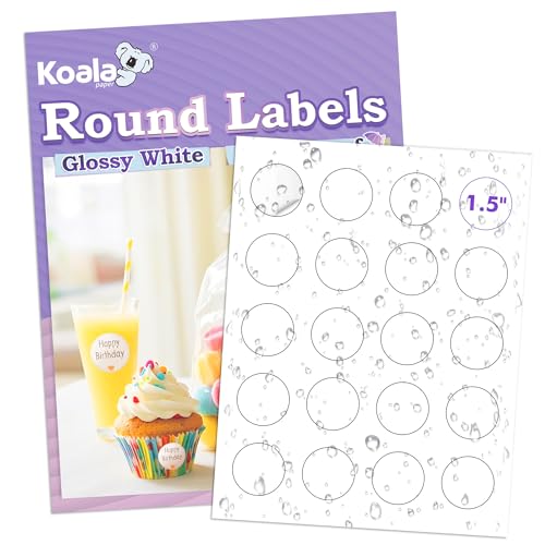 Koala Round Labels 1.5 Inch, Glossy Waterproof Printable Circle Stickers for Inkjet and Laser Printer, 400 Circle Labels for Brand Logo, Bottle, Jar