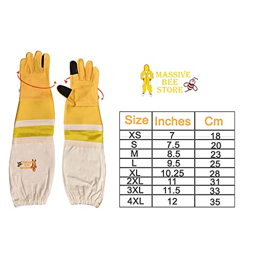 Massive Bee Cowhide Beekeeping Ventilated Cowhide Leather Gloves Yellow Rubber Cuff Then Yellow Mesh with Off white jeans - color: Touchscreen Gloves, size: Large