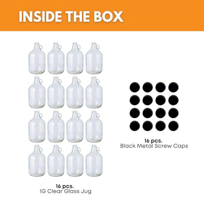 Fastrack 16-Pack 1 Gallon Glass Jug (128 oz) w/16 38mm Black Metal Screw Cap – Multipurpose 1 Gallon Jug, & Detergent Dispenser for Laundry, Glass Jar for Liquids, Water & Juice