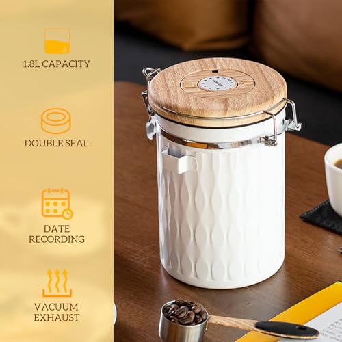 TEDSWAIT Coffee Container with Sealed Cantilever Lid and Scoop, Airtight Stainless Steel Kitchen Food Storage Canister with Date Tracker, 1.8L(White) - color: White