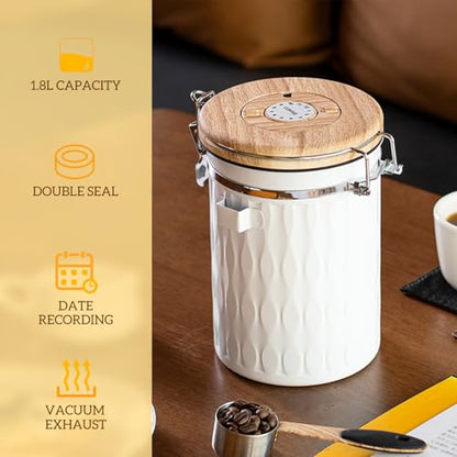 TEDSWAIT Coffee Container with Sealed Cantilever Lid and Scoop, Airtight Stainless Steel Kitchen Food Storage Canister with Date Tracker, 1.8L(White) - color: White